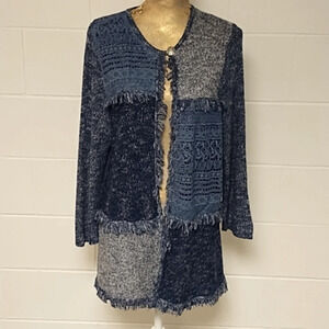 Denim Blue & Navy Boho Patch Crochet Lace, Fringed Cardigan